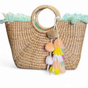Woven Straw Tote with Colorful Tassels